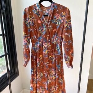ZARA BASIC Women's Copper Floral Long Sleeve Self Tie Neckline Midi Dress sz XS